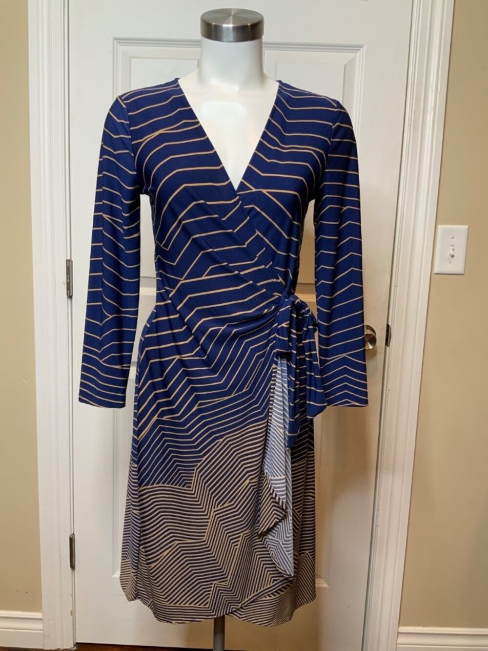BCBG Max Azria Blue & Tan Striped Wrap Dress, Size S